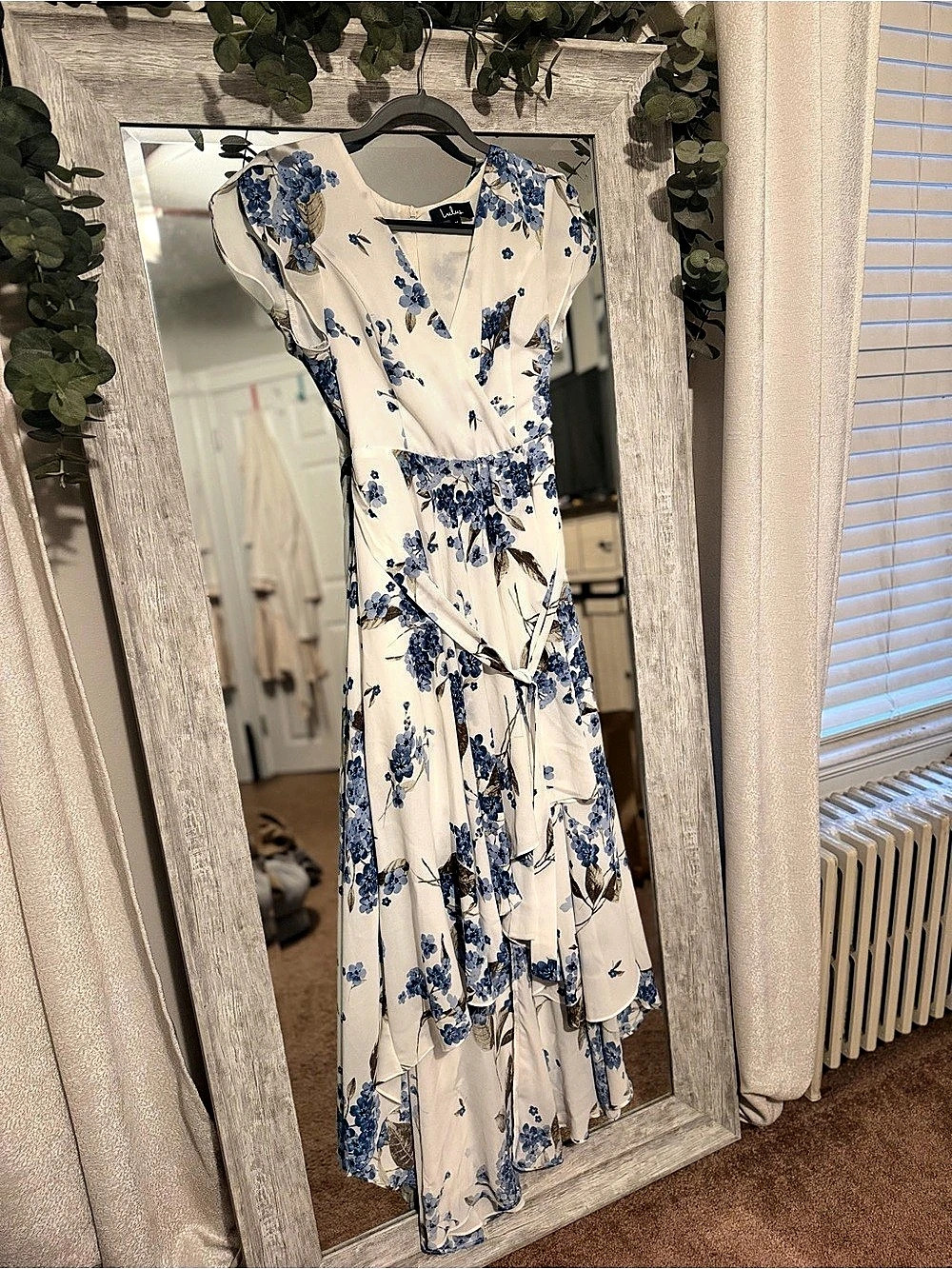 Lulus Heavenly Hues White and Blue Floral Print High-Low Maxi Dress & Blue